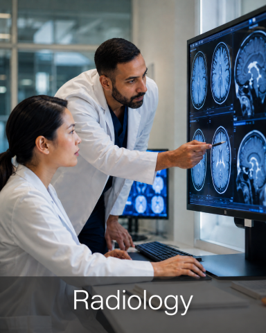 Radiology Radiology team reviewing brain MRI images on a screen