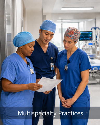 Multi Specialty Practices Diverse healthcare team collaborating in a multispecialty practice settingDiverse healthcare team collaborating in a multispecialty practice