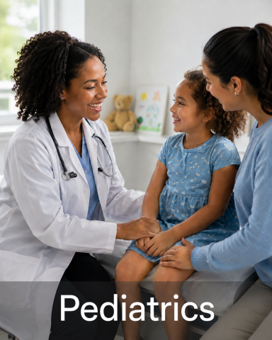 Pediatrics Pediatric provider interacting with a child and parent during a clinic visit