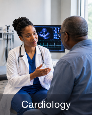 Cardiology Cardiologist reviewing heart test results with a patient in a modern clinic