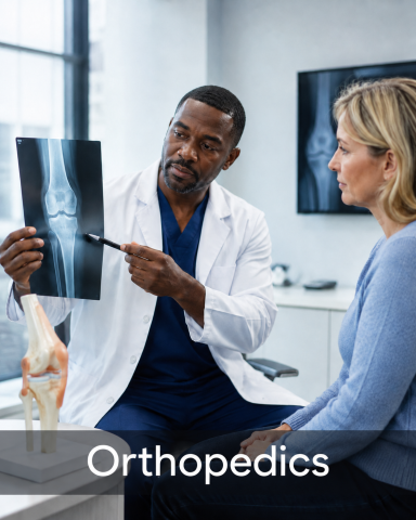 Orthopedics Orthopedic provider reviewing a knee X-ray with a patient in a clinic