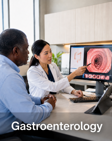 Gastroenterology Healthcare provider discussing gastroenterology findings with endoscopy imaging visible