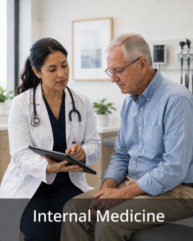 Internal Medicine Internal medicine physician consulting with a patient in an exam room